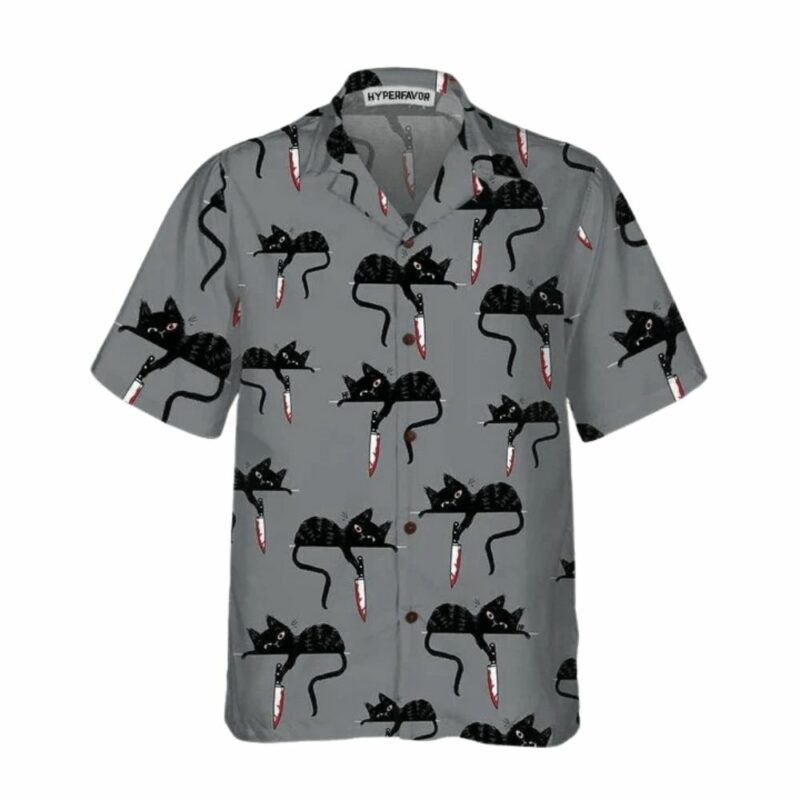 Happy halloween black cat with knife hawaiian shirt 1