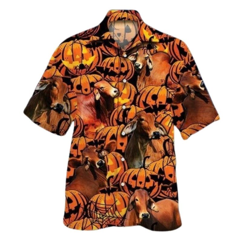 Happy halloween red brahman pumpkin hawaiian shirt 1