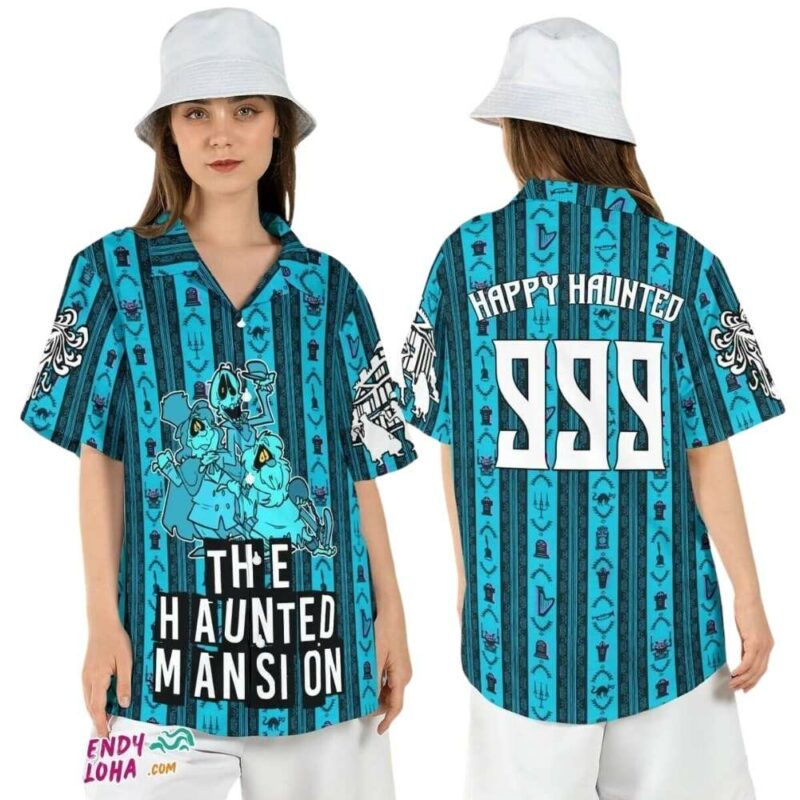 Happy haunts 999 hitchhiking ghosts haunted mansion halloween hawaiian shirt 1