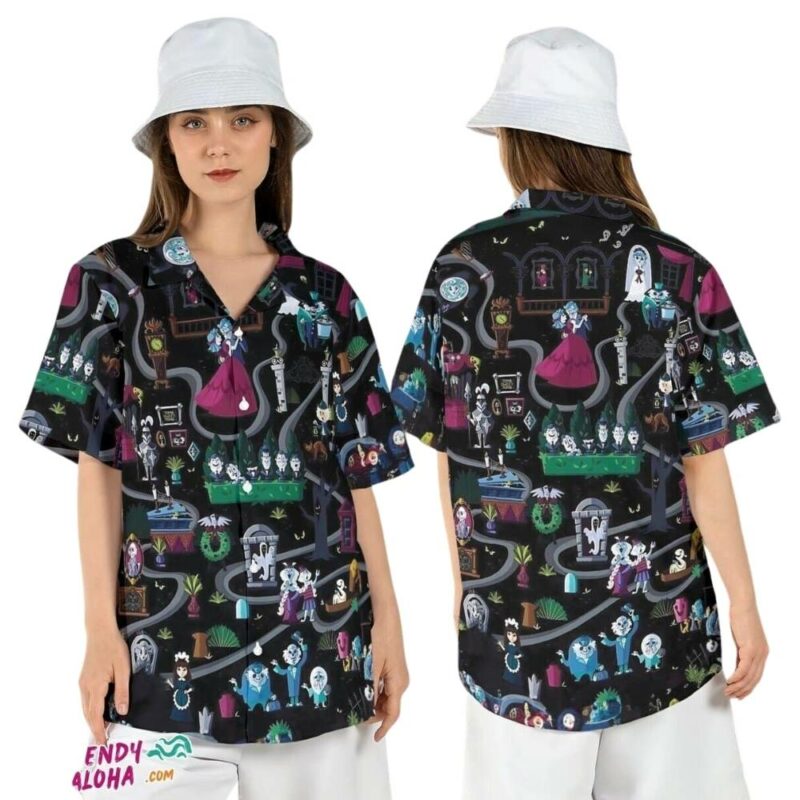 Haunted mansion map stretching room halloween hawaiian shirt 1