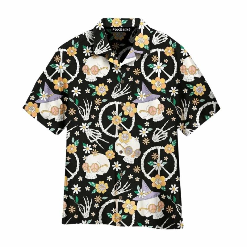 Hippy bony halloween skull peace hawaiian shirt 1