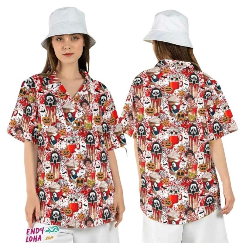 Horror characters boba milk tea halloween movies lover hawaiian shirt 1