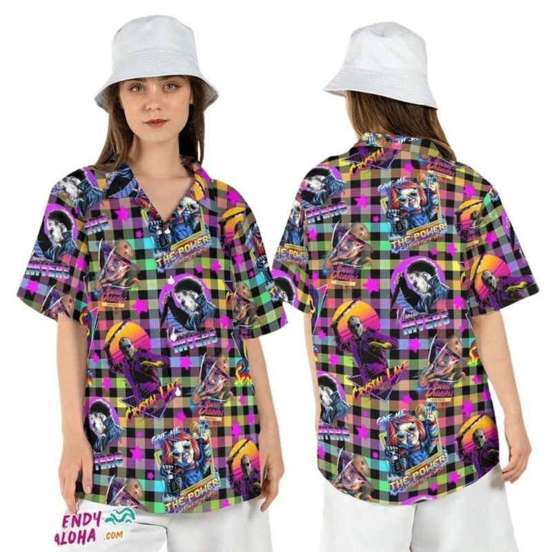 Horror checkered halloween characters scary movies hawaiian shirt 1