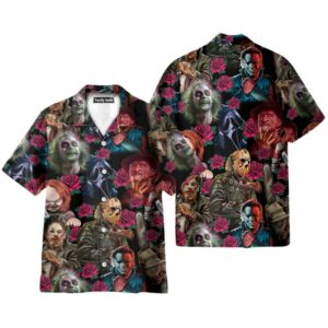 Horror Movie Characters Blood Scary Rose Pattern Hawaiian Shirt