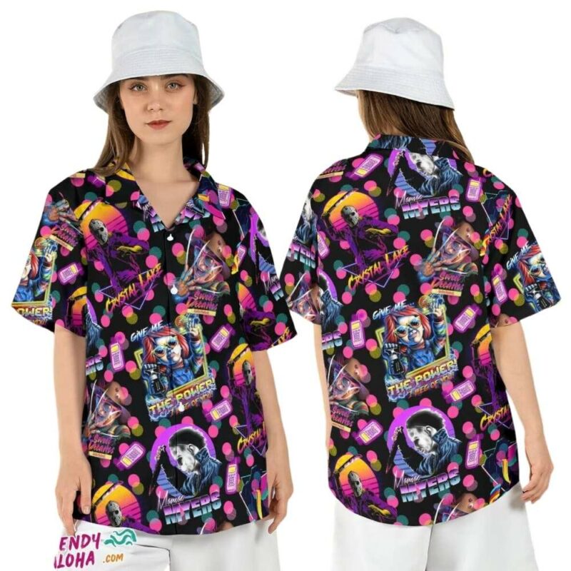 Horror movies neon colors summer slasher freddy michael hawaiian shirt 1