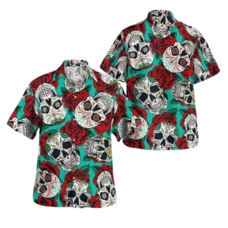 Horror roses skull on mint hawaiian shirt 1