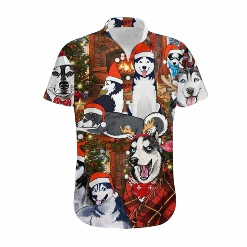 Huskies enjoying a christmas scene hawaiian shirt 1