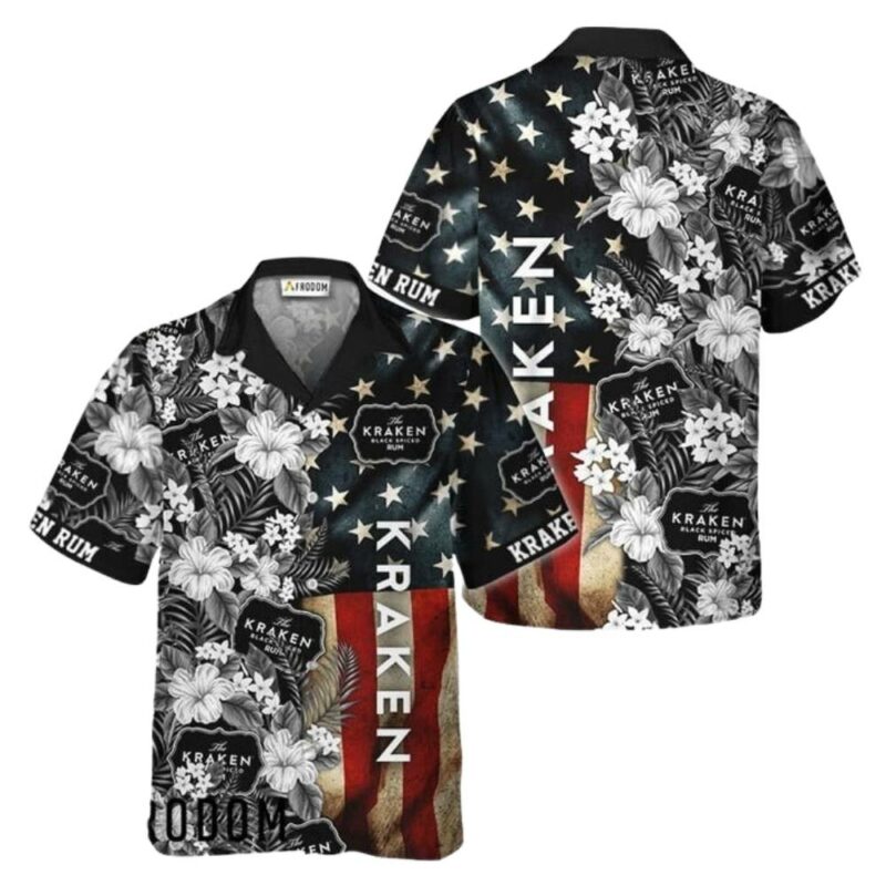 Kraken Rum American Flag Tropical Flower Hawaiian Shirt 1