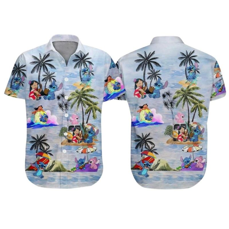Lilo and stitch tropical island palm tree hawaiian shirt 1