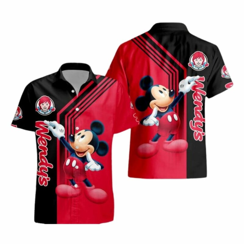 Mickey Mouse With Wendys Logo Black And Red Hawaiian Shirt