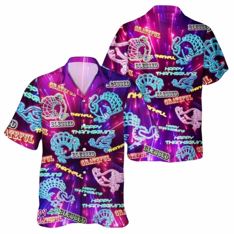 Neon turkey and pumpkin thanksgiving day hawaiian shirt 1
