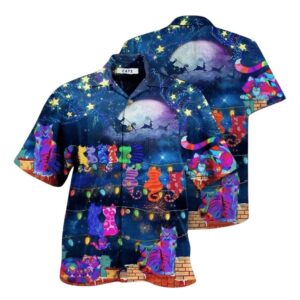 Night Beside A Christmas Tree With Cat Hawaiian Shirt