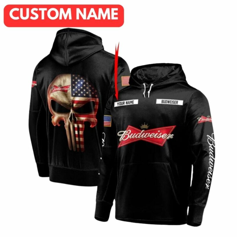 Personalized Black USA Flag Skull Punisher Budweiser All Over Print Hoodie