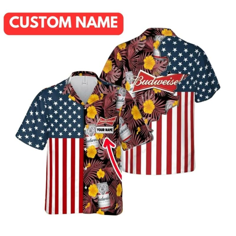 Personalized Budweiser Beer Tropical Floral And Flag American Hawaiian Shirt
