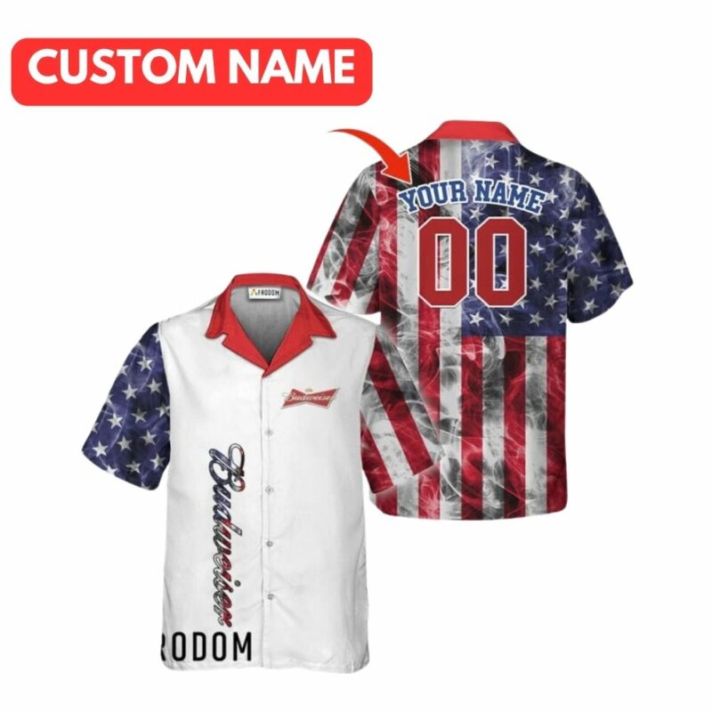 Personalized Budweiser Beer US Flag Smoke Hawaiian Shirt