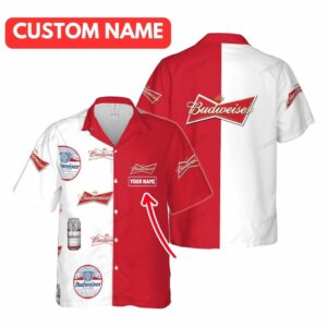 Personalized Budweiser White And Red Hawaiian Shirt