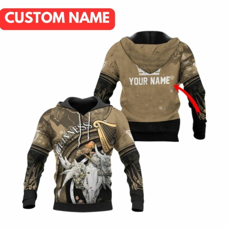 Personalized Guinness Deer Skull With Mushrooms All Over Print Hoodie 2