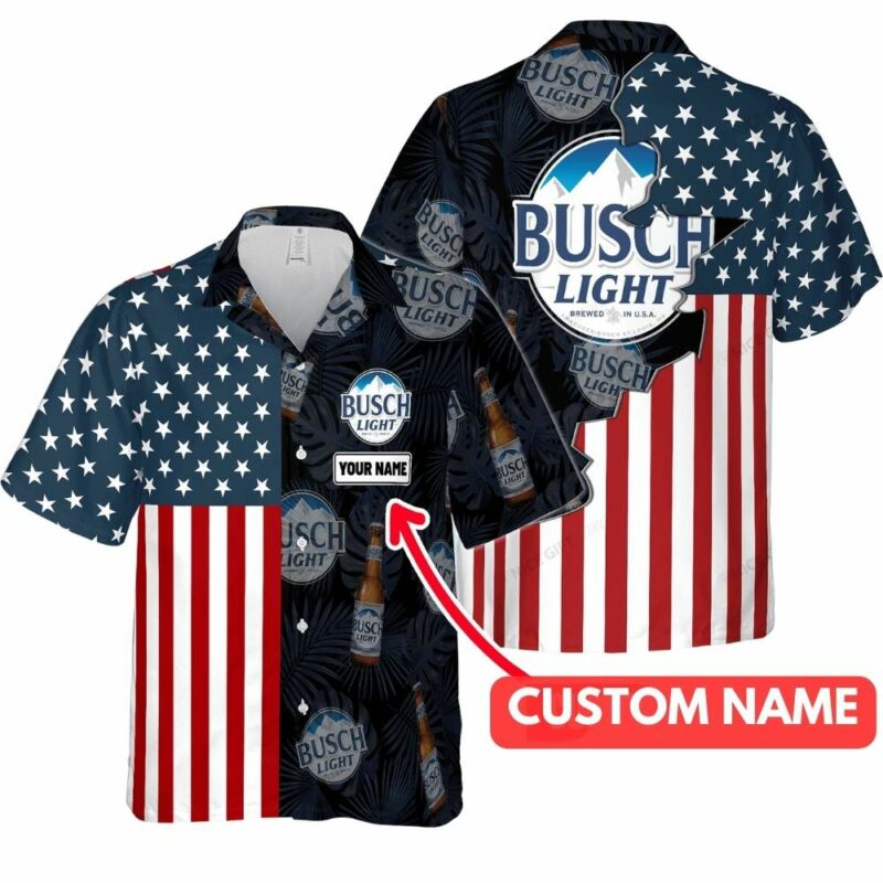 Personalized Many Logo Busch Light With Flag American Hawaiian Shirt