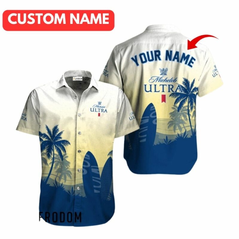 Personalized Michelob Ultra Palm Tree Surfboard Hawaiian Shirt