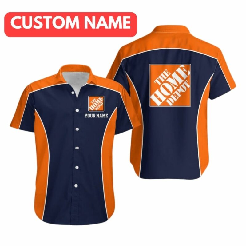 Personalized The Home Depot Logo Navy And Orange Uniform Hawaiian Shirt