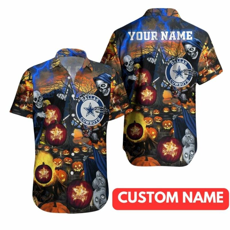 Personalized dallas skull pumpkin halloween hawaiian shirt 1