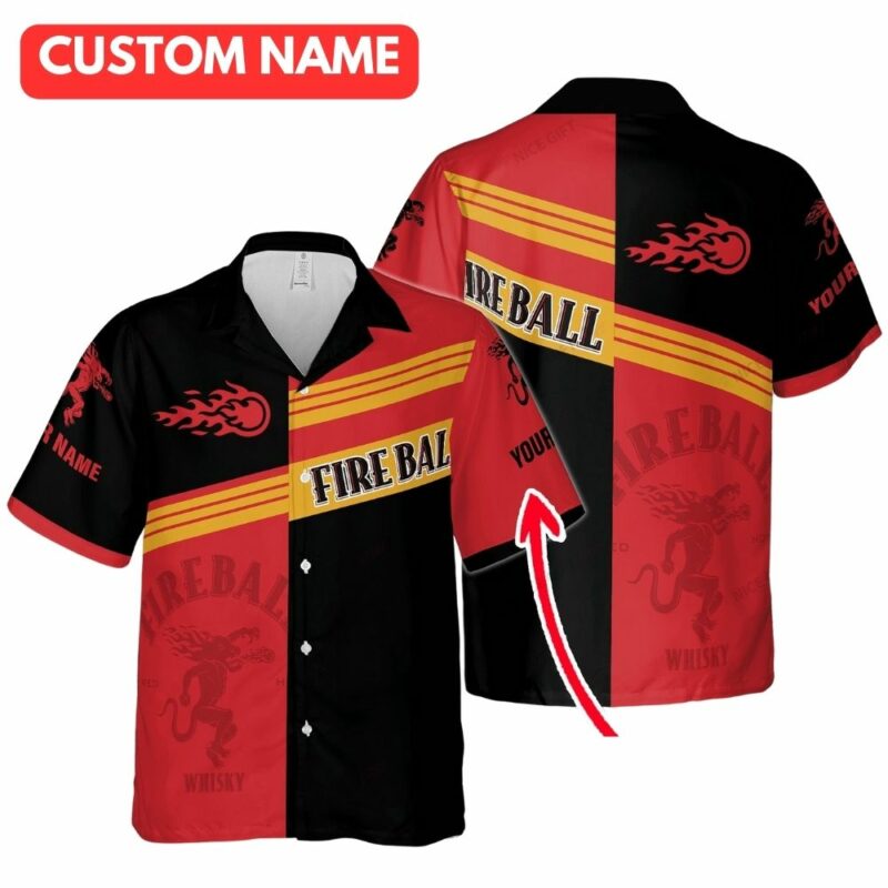 Personalized fireball cinnamon whisky black and red hawaiian shirt 1