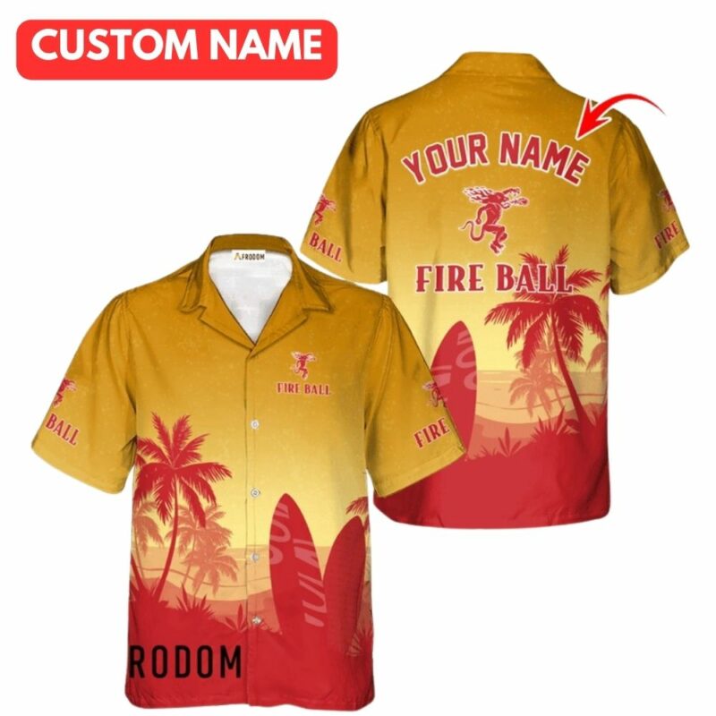 Personalized fireball whiskey palm tree surfboard hawaiian shirt 1