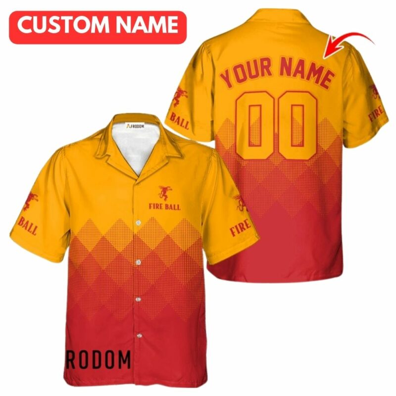 Personalized fireball whiskey red and yellow halftone hawaiian shirt 1