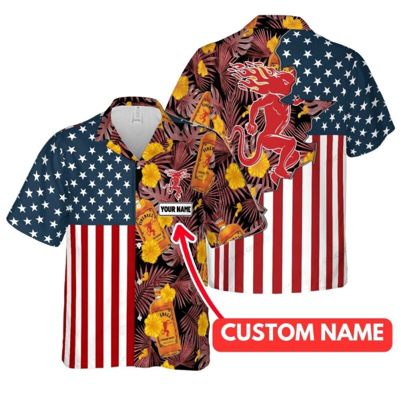 Personalized fireball whisky floral and flag american hawaiian shirt 1