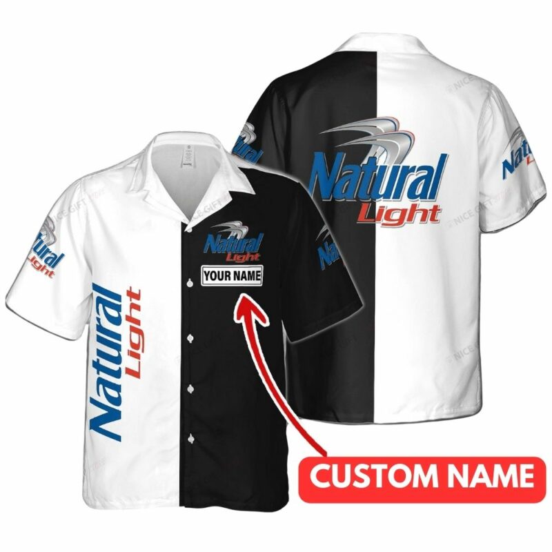 Personalized natural light logo black and white hawaiian shirt 1