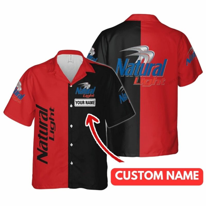 Personalized natural light logo red and black hawaiian shirt 1