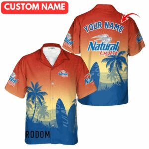 Personalized Natural Light Palm Tree Surfboard Hawaiian Shirt