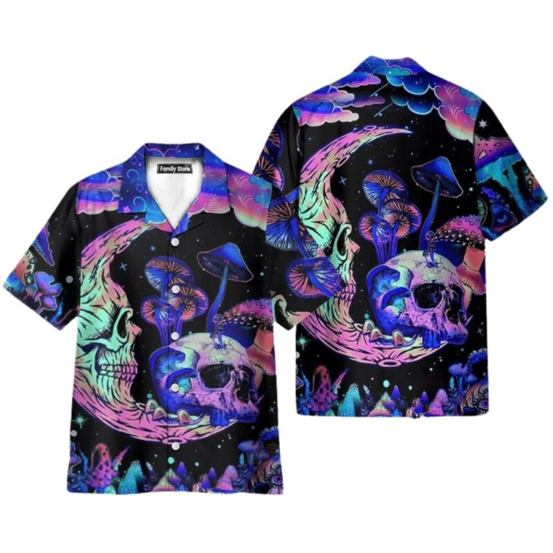Psychedelic hippie moon skull and mutated mushroom hawaiian shirt 1