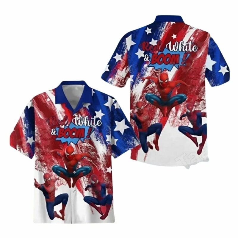 Red white and boom spiderman with flag american for 4th of july hawaiian shirt 1