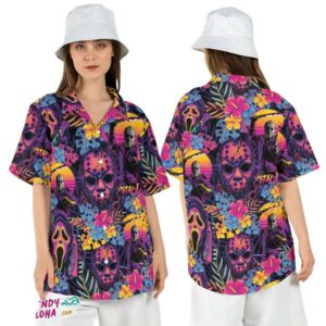 Retro Horror Movies Halloween Summer Sunset Floral Hawaiian Shirt