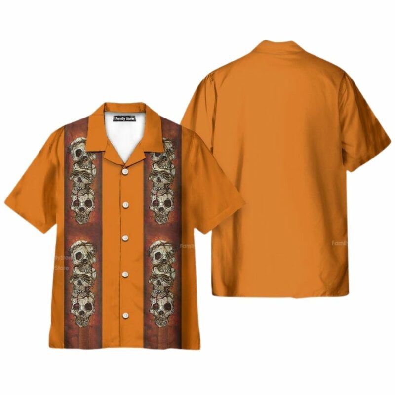 Retro orange striped skull skewers hawaiian shirt 1