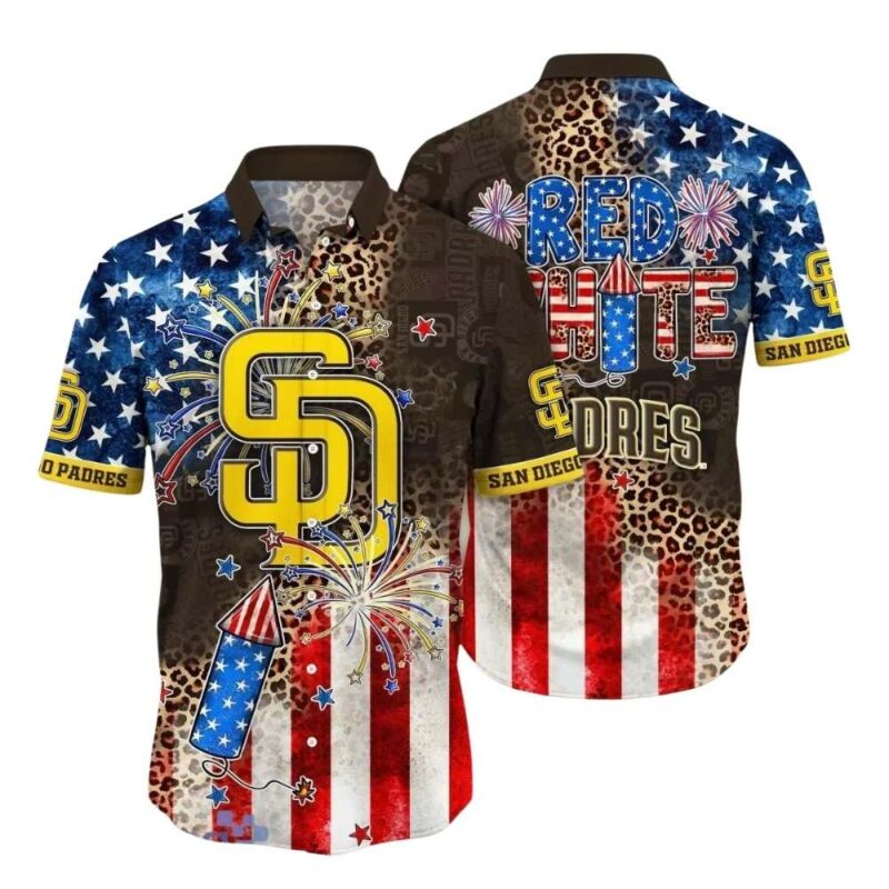 San diego with firework and flag american for 4th of july hawaiian shirt 1