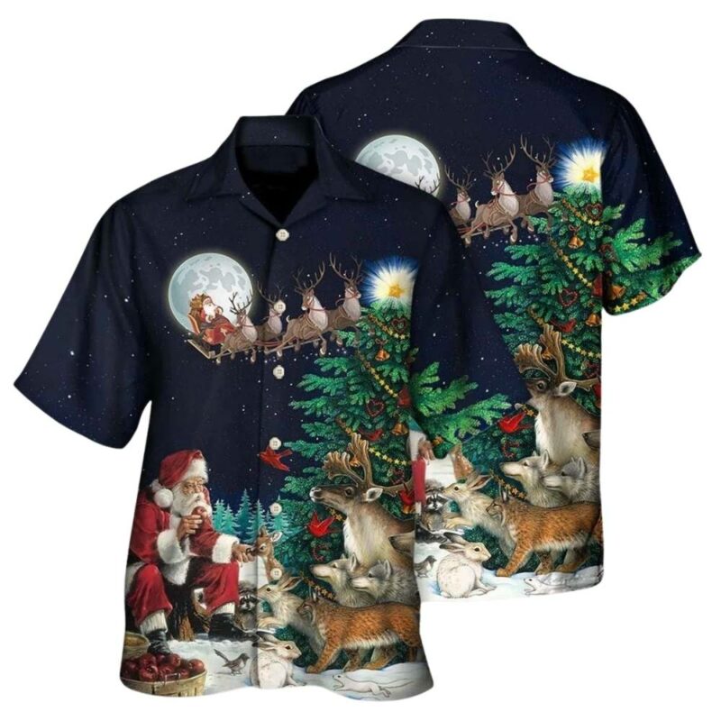 Santa paired with reindeer christmas hawaiian shirt 1