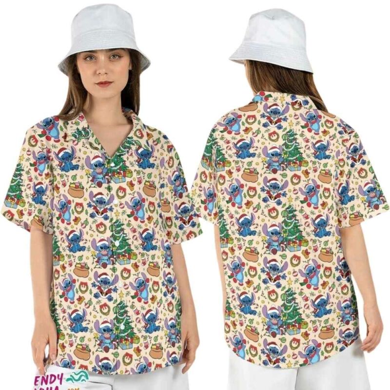 Santa stitch by christmas tree disney xmas holiday lilo hawaiian shirt 1