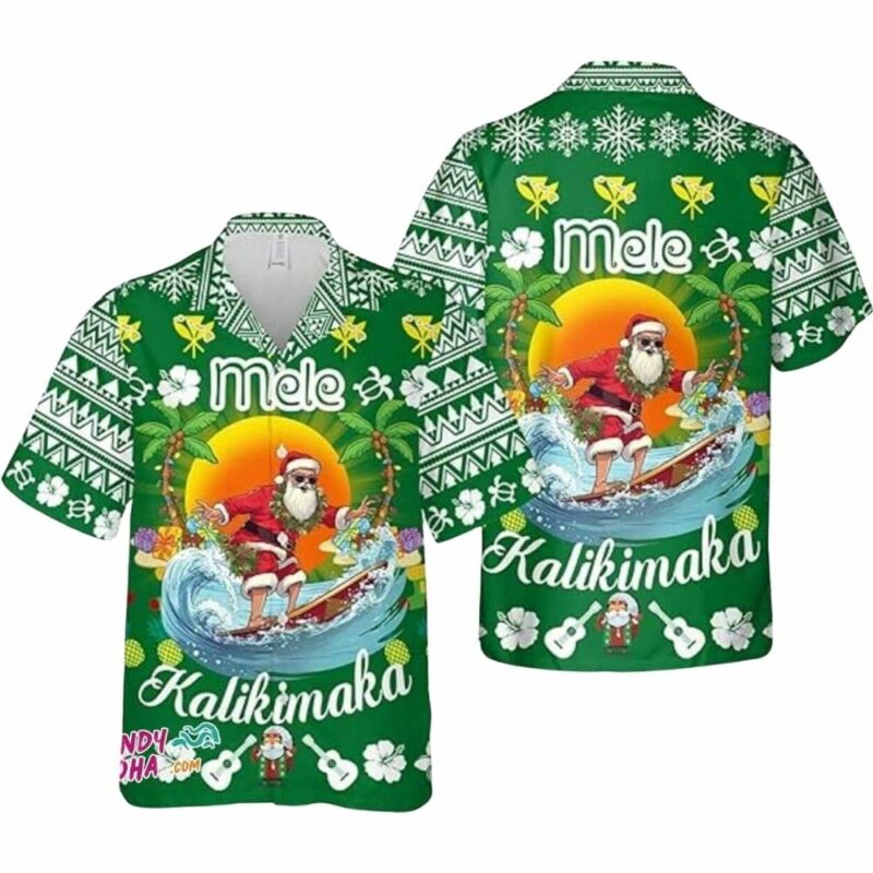 Santa surfing mele kalikimaka christmas hawaiian shirt 1