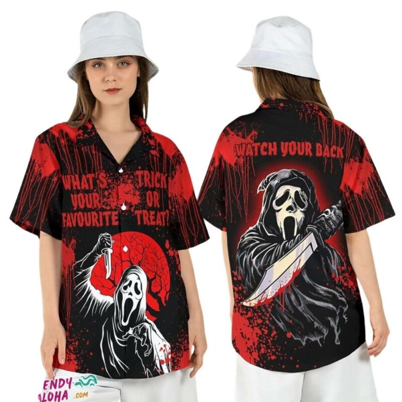 Scream ghost face halloween bloody horror movie hawaiian shirt 1