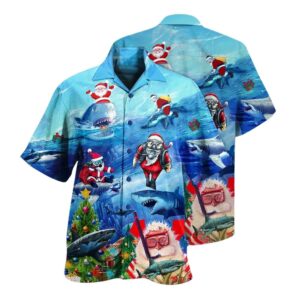 Shark Love Santa Blue Sea Merry Christmas Hawaiian Shirt
