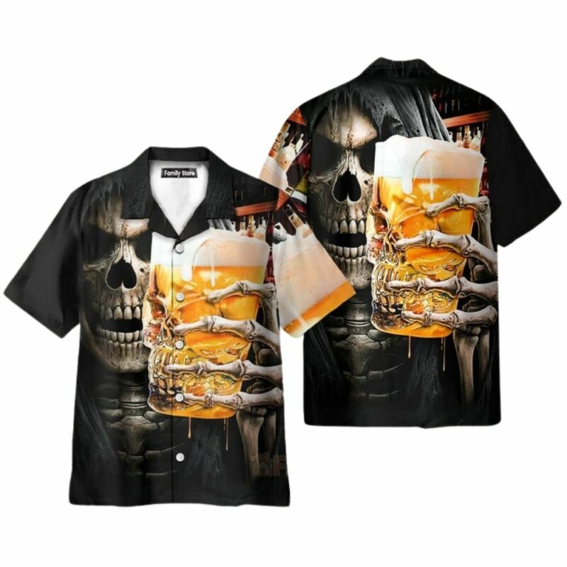 Skeleton drinking beer halloween hawaiian shirt 1