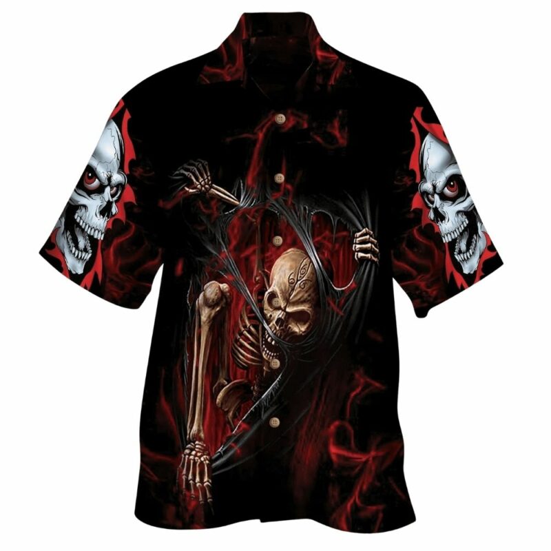 Skeleton ripped red smoke skulls hawaiian shirt 1