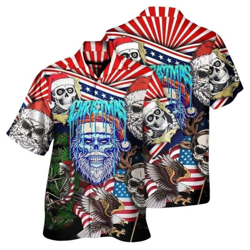Skull christmas us flag skeleton horror merry christmas hawaiian shirt 1