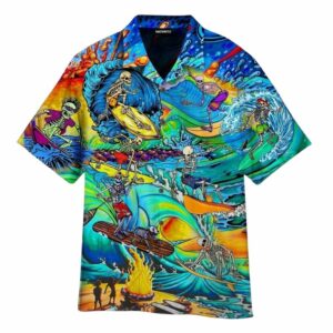 Skull Skeleton Surfing On The Beach Halloween Hawaiian Shirt