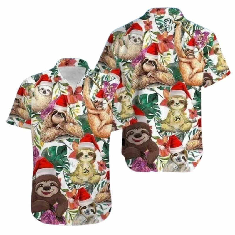 Sloth merry christmas tropical leaves vintage hawaiian shirt 1