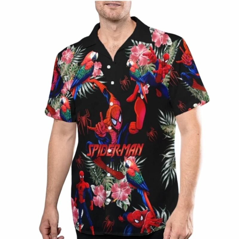 Spiderman superhero parrot floral tropical hawaiian shirt 1