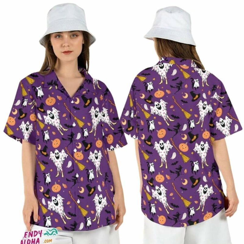 Spooky halloween ghosts black cat witch boo hawaiian shirt 1