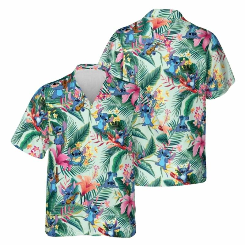 Stitch aloha tropical floral summer beach trip 2025 hawaiian shirt 1